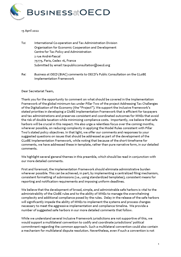 pillar two comments on GLOBE